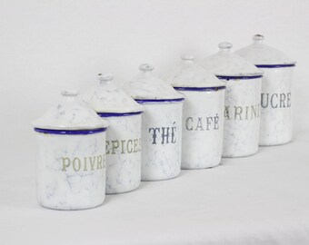 French Enamel Kitchen Canisters // Vintage  french White and Blue Charming Kitchen Canisters // Stacking Enamel Kitchen Canisters