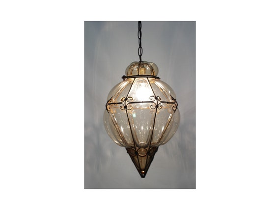Large Vintage Murano Smoked Glass Wire Cage Ceiling Light Etsy