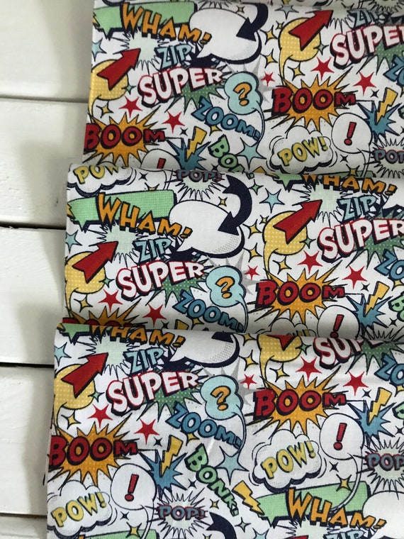Super Hero White Action Words Fabric C9000-White from Riley Blake by The Yard