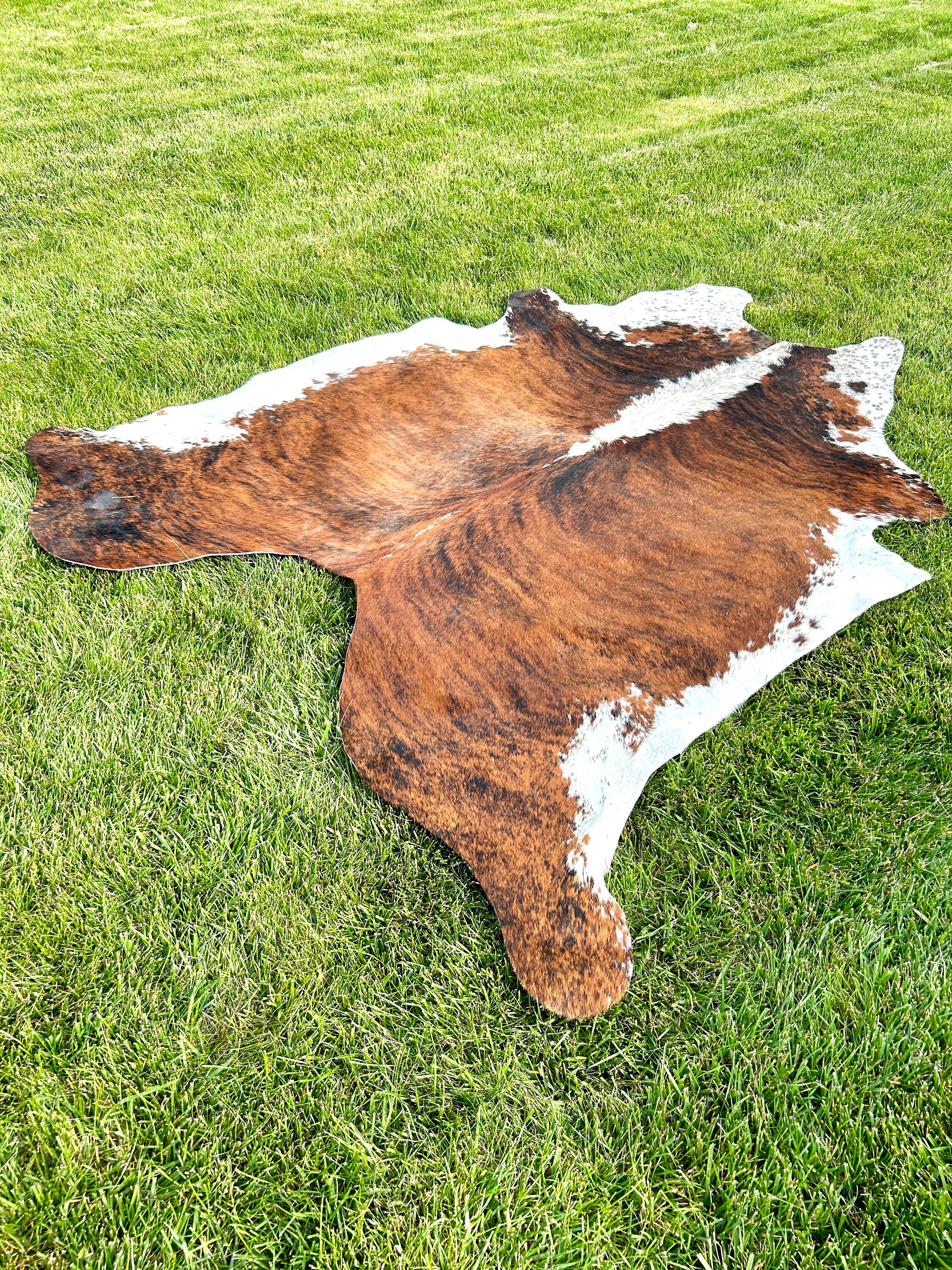 本物の茶色と白の縞模様のブラジル産毛を使用した牛革ラグ、牛革ラグ