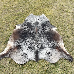 May include: A cowhide rug with a natural pattern of black, white, and brown spots. The rug is irregularly shaped, with a dark brown center and lighter edges. It is lying on a bed of green grass.