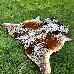 May include: A cowhide rug with a natural pattern of brown, white, and black spots. The rug is irregularly shaped and lies on a bed of green grass, showcasing its unique design and texture. This rug adds a rustic touch to any space.