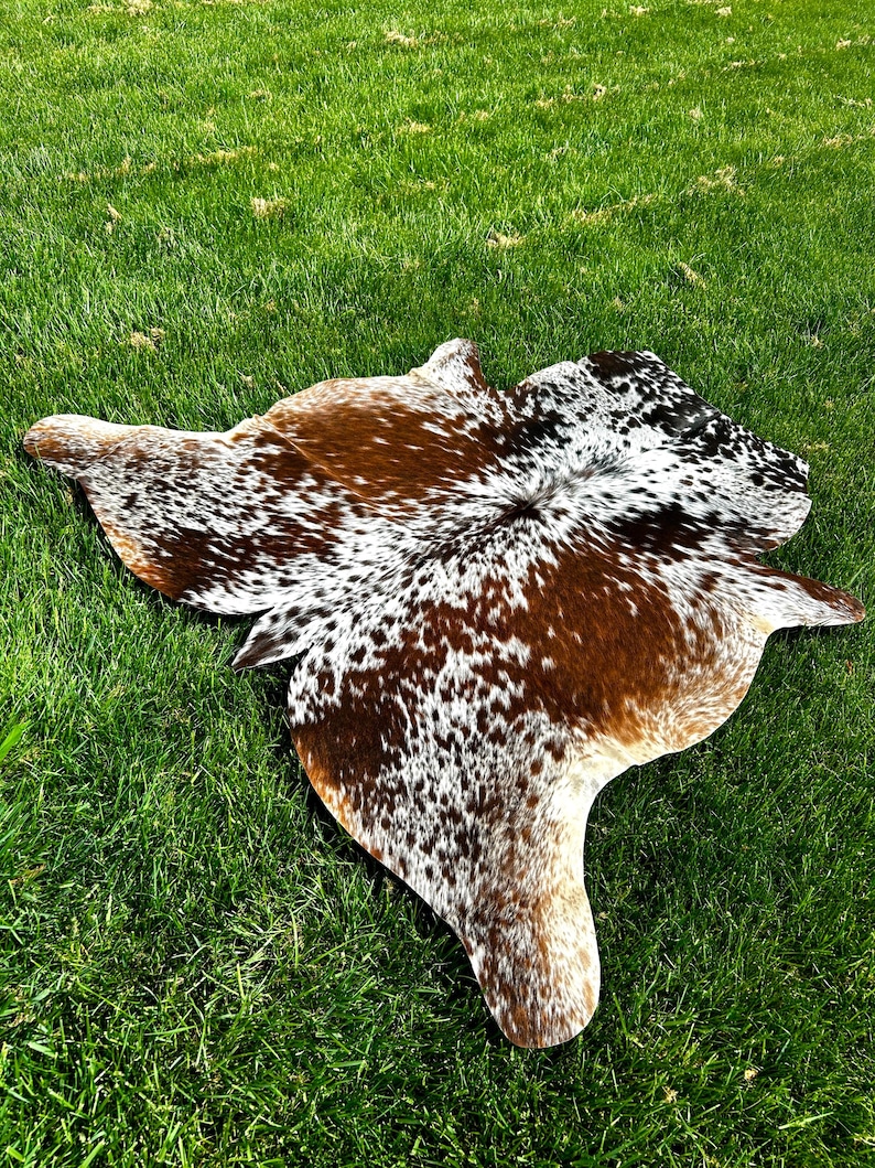 May include: A cowhide rug with a natural pattern of brown, white, and black spots. The rug is irregularly shaped and lies on a bed of green grass, showcasing its unique design and texture. This rug adds a rustic touch to any space.