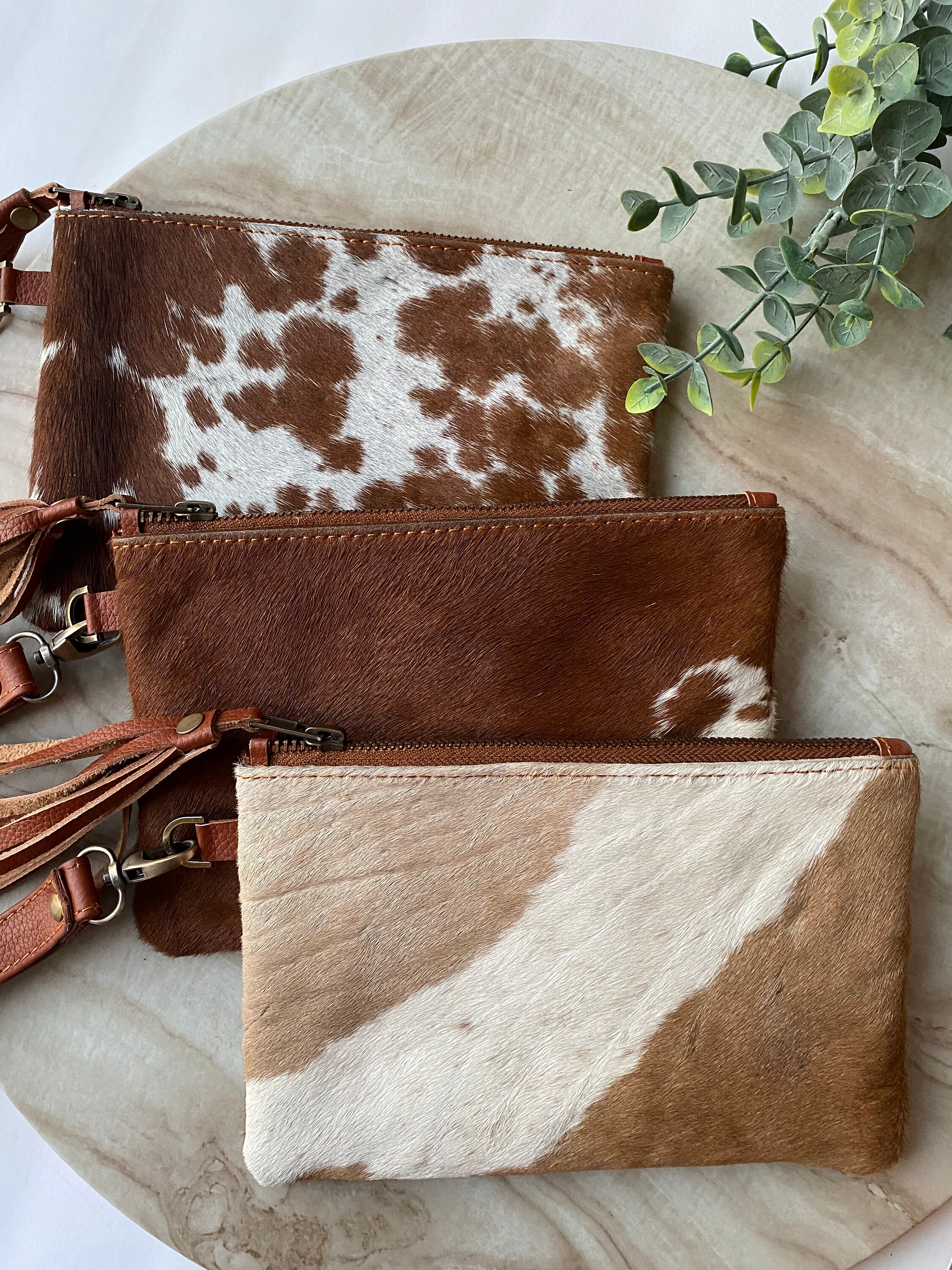 Cowhide Wristlet Clutch Real Leather Wristlet Double Sided Etsy