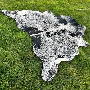 May include: A cowhide rug with a natural shape, featuring a black and white spotted pattern. The rug is laid on green grass, showcasing its organic form and texture. This decorative rug adds a rustic touch to any space.