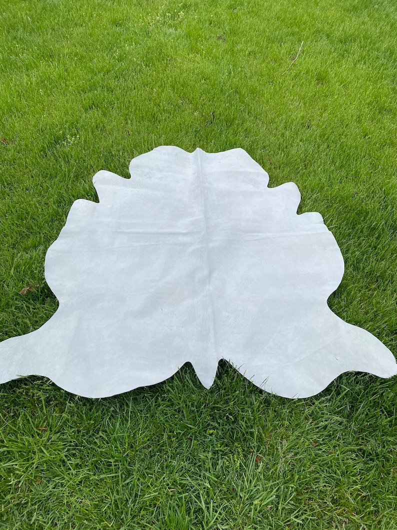 Pu&ograve; includere: Un tappeto di pelle di mucca bianca con una forma naturale irregolare. Il tappeto &egrave; steso su una superficie erbosa verde.