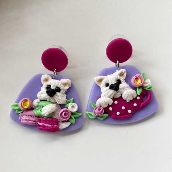 Boucles d'oreilles Westie Sweet en pâte polymère-Doglovers-Macarons-Fleurs-Tasse de thé-Boucles d'oreilles en fimo-Chien blanc