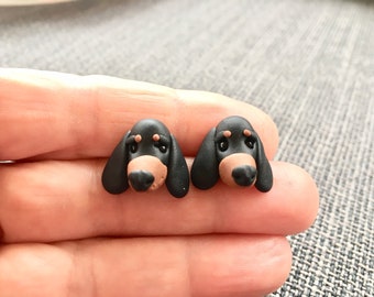 Dachshund Stud Earrings Polymer Clay,Black and tan,Stainless Steel,Dachshund,Studs,Polymer clay jewelry,Unique handmade jewelry,Cute