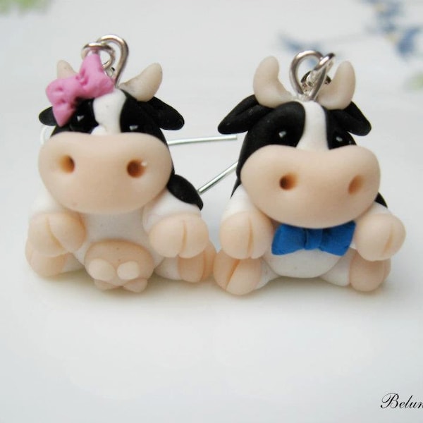 Boucles d'oreilles vache, Paire de vaches noires et blanches en pâte polymère Fimo