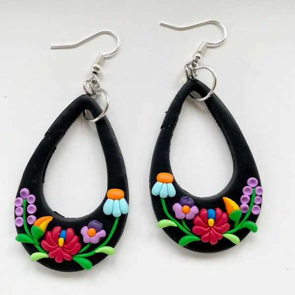 Hungarian Folk Motif Jewelry Earrings,Big Drop-Black-Colorful,Polymer Clay Jewelry Earrings,Kalocsai Motif Earrings,Unique Jewelry