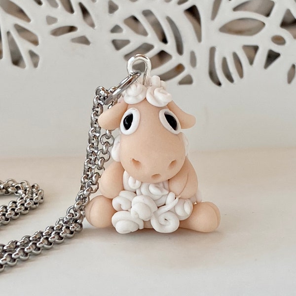 Collier mouton blanc aux cheveux bouclés - Collier en argile polymère - Figurine mouton-Fimo-Animal-Miniature