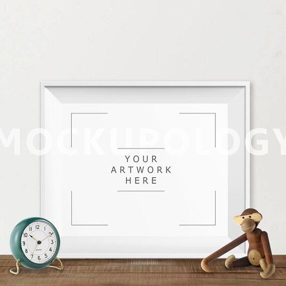 8x10 Horizontal White Frame Mockup Poster Mockup Wooden Desk
