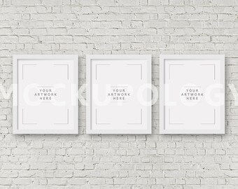 Download Free 8x10 16x20 24x30 Set of Three Vertical DIGITAL White Frame Mockup, Styled Photography Poster Mockup, White Brick Tryptich, INSTANT DOWNLOAD PSD Template