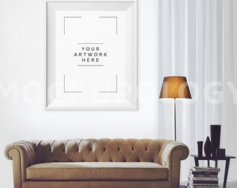 Download Free 8x10 Vertical White Frame Mockup, Vintage Digital Poster Mockup, Styled Photography Leather Couch Sofa Product Mockup, INSTANT DOWNLOAD PSD Template