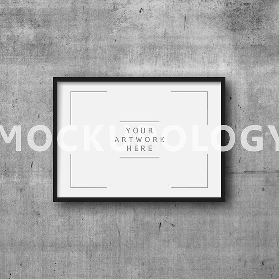 A4 Horizontal Digital Black Frame Mockup On Concrete Wall