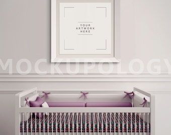Download Free SQUARE White Frame Nursery Interior Mockup, Baby Cradle Styled Photography Poster Mockup, Plain Wall Background, INSTANT DOWNLOAD PSD Template