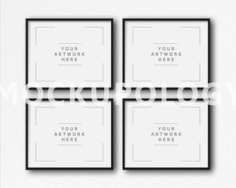 Download Free 8x10 16x20 24x30 Set of Four Horizontal DIGITAL Black Frame on White Plain Wall Background Mockup, Styled Photography, INSTANT DOWNLOAD PSD Template