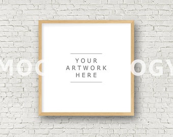 Square Digital Brown Wood Light Oak Frame Mockup Styled Poster Mockup White Brick Background Framed Artwork Mockup Instant Download Psd Templates Envelope