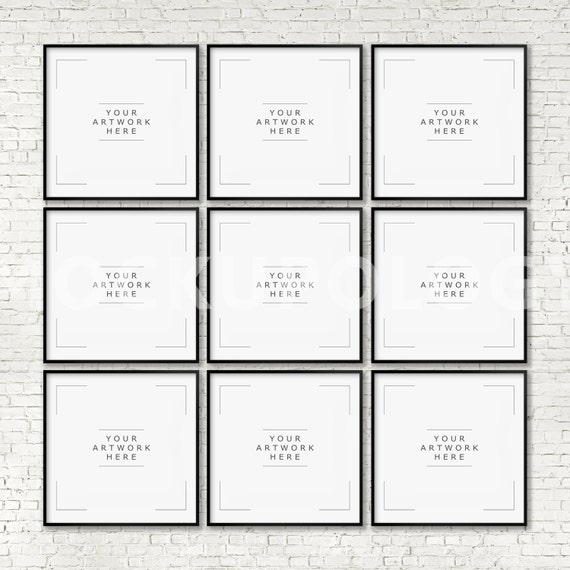 Square Set Of Nine Digital Black Frame Mockup Styled