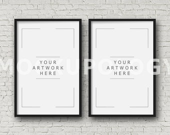Download 8x12 Set Of Two Vertical Digital Black Frame Mockup Styled Photography Poster Mockup White Brick Background Triptych Instant Download All Categories Product Mockup