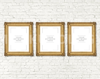 Download Free 8x10 16x20 24x30 Set of Three Vertical DIGITAL Gold Frame Mockup, Styled Photography Poster Mockup, White Brick Tryptich, INSTANT DOWNLOAD PSD Template