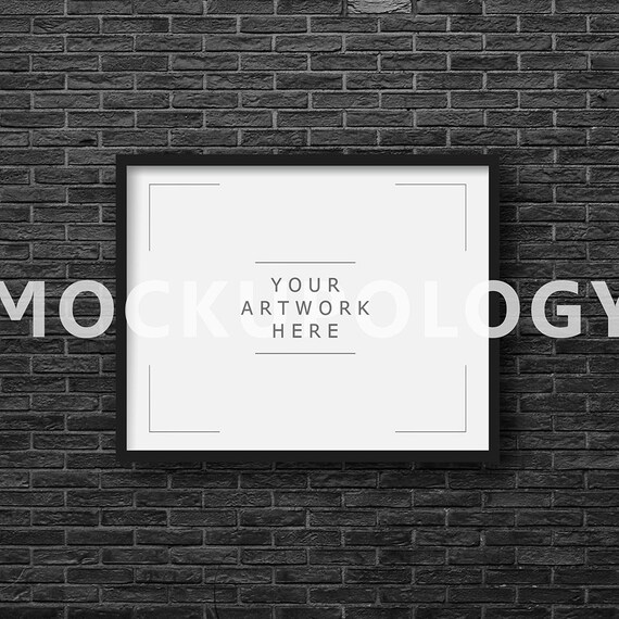 11x14 Horizontal Digital Black Frame Mockup On Black Brick