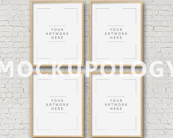 8x10 Digital Frame Mockup, Styled Photography Mockup, Four Natural Oak Wood Frames Mockup on White Wall Background, DIGITAL FILE DOWNLOAD