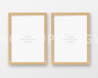 Set of two A4 Vertical DIGITAL Natural Wood Frames Mockup, Light Oak Barnwood Frame on White Wall Background, INSTANT DOWNLOAD