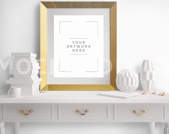 8x10 Vertical Gold Frame Poster Mockup, Wooden French Serving Desk Mockup, Styled Photography White Wall Mockup, INSTANT DOWNLOAD