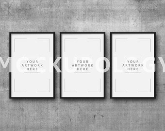 8x12 Set of Three Vertical DIGITAL Black Frame Mockup on Concrete Wall Background, Styled Photography Poster Mockup, INSTANT DOWNLOAD