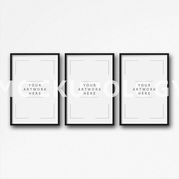 8x12 Set of Three Vertical Black Frame Mockup on White Plain Wall Background, Styled Photography Poster Mockup, INSTANT DOWNLOAD