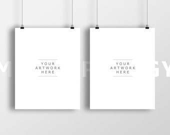 Set of two 8x10 Vertical Hanging Paper Mockup, Frame Paper Clips, Poster Mockup Stock, Black Clips, White Background, INSTANT DOWNLOAD