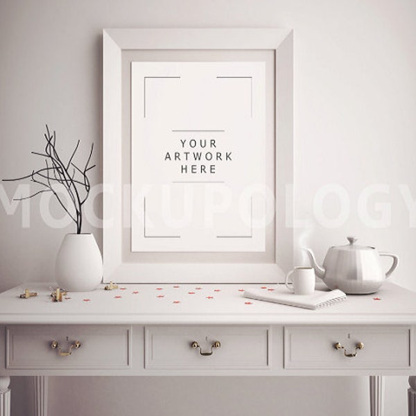 A4 Vertical White Frame Mockup, Poster Frame Mockup, Wooden French Desk Mockup, Vintage Teapot Styled Frame, INSTANT DOWNLOAD