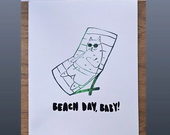 Colorful "Beach Day, Baby!" Cat Print, screenprint, cat art, animal art, art print, cat poster, printmaking