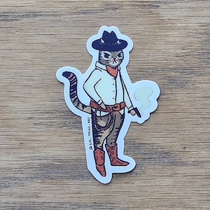 Cowboy Cat II Waterproof Sticker, cat art, cat sticker, animal art, cowboy art, water bottle sticker, laptop sticker, digital illustration