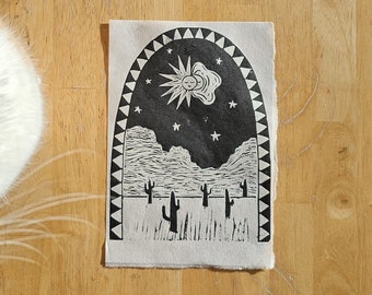 Desert Solstice Block Print, Celestial Astrology Art, Signed Printmaking