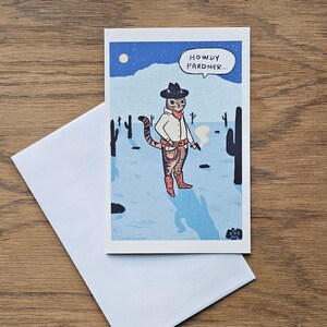 Cowboy Cat II Nighttime Desert Card, carte vierge, carte de voeux, carte d'anniversaire, carte amicale, carte de chat, art de chat, art animalier, carte d'animal