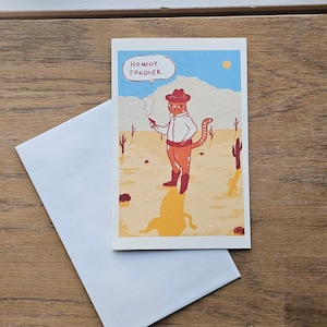 Cowboy Cat I Daytime Desert Card, blank card, greeting card, birthday card, friendly card, cat card, cat art, animal art, animal card