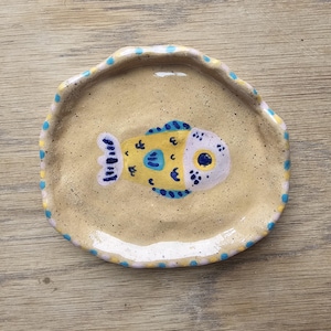 Small Pink, Yellow, + Blue Fish Plate with Hand-Painted Details, hand-built ceramics, functional pottery, snack plate, decorative, aquatic