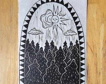 Impressão em bloco "Equinócio da Floresta", Arte Astrológica Celestial Impressa à Mão