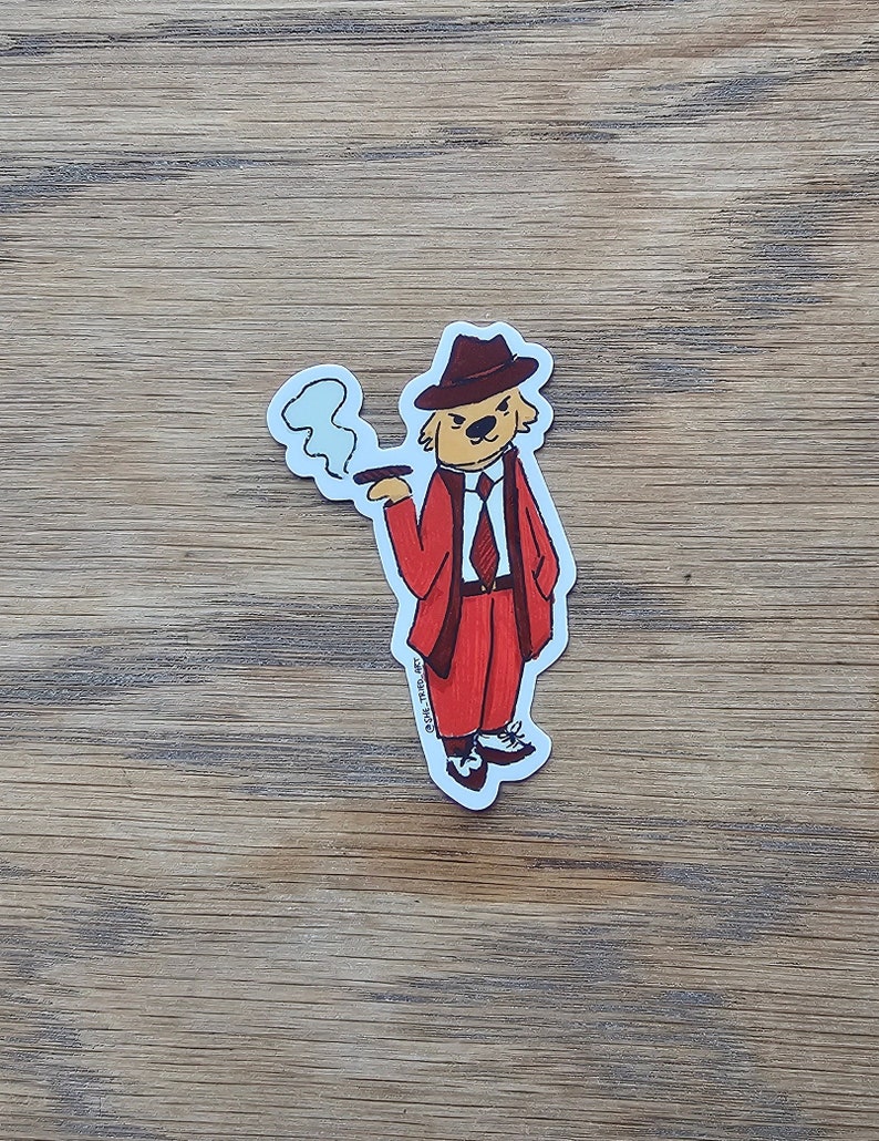 May include: A cartoon illustration of a dog wearing a red suit, a fedora hat, and holding a cigarette. The dog has a serious expression on its face.