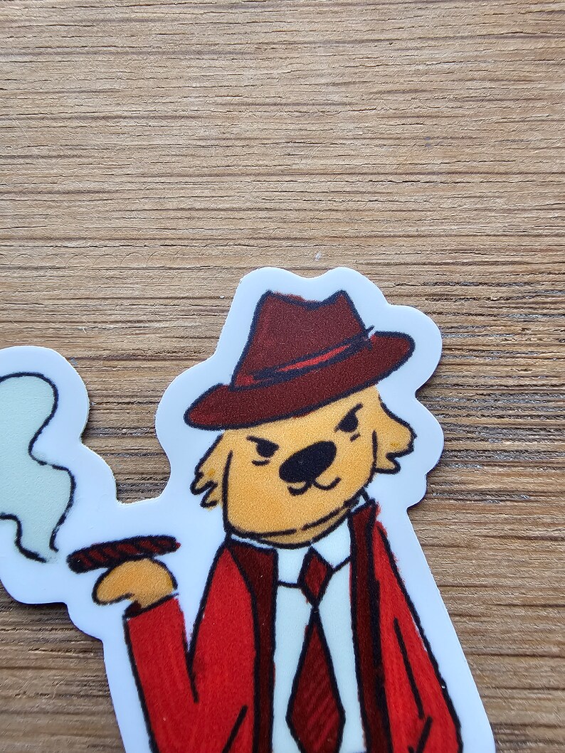 May include: A cartoon illustration of a dog wearing a red suit, a fedora hat, and holding a cigar. The dog has a serious expression on its face.