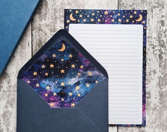 Galaxy letter writing set - Navy blue envelopes - nebula, moon and golden stars - A5 paper with recycled lined envelopes