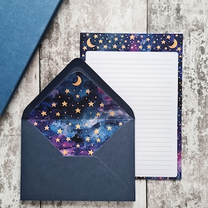 Galaxy letter writing set Navy blue envelopes nebula, moon and golden stars A5 paper with recycled lined envelopes image 1