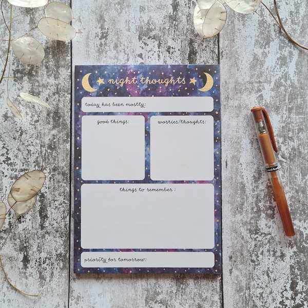 Night Thoughts Notepad A5 – mental health and gratitude pad for bedtime routine