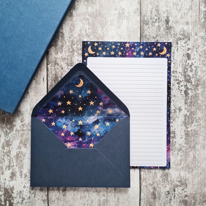 Galaxy letter writing set Navy blue envelopes nebula, moon and golden stars A5 paper with recycled lined envelopes image 1