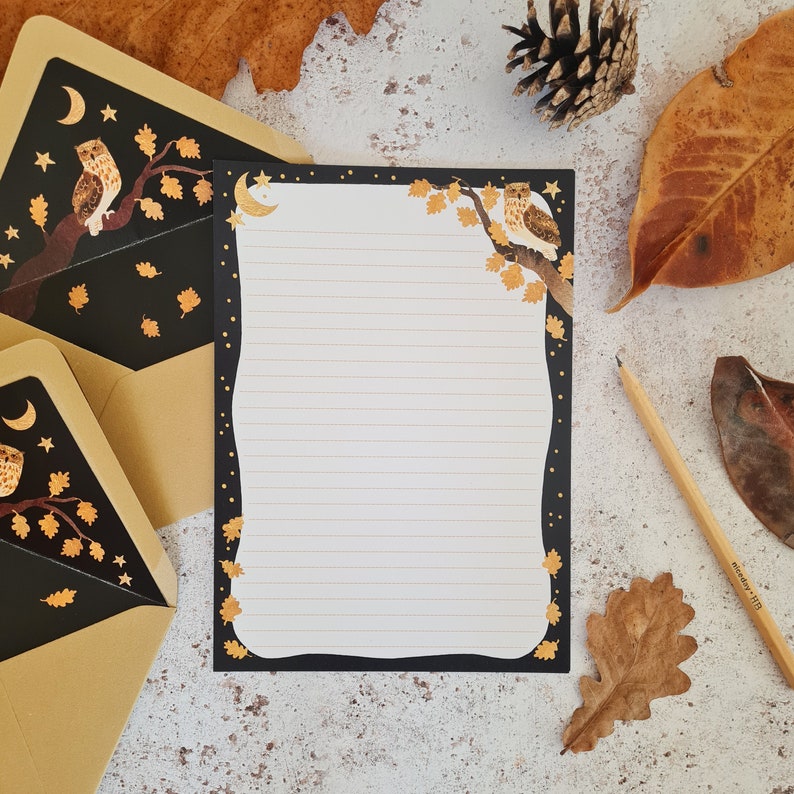 Letter writing set owl and autumnal oak leaves, moon and stars A5 paper with lined recycled envelopes image 5