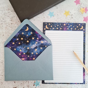 Galaxy letter writing set - nebula, moon and golden stars - A5 paper with recycled lined envelopes