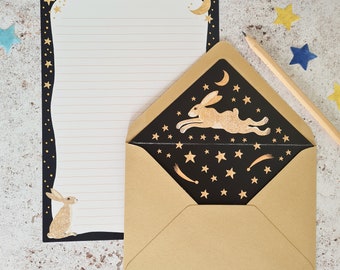 Letter writing set - moon gazing hare golden stars -celestial night theme - A5 lined paper 10 sheets - with envelopes - penpal stationery