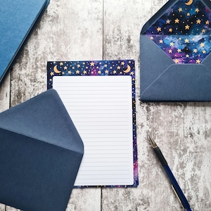 Galaxy letter writing set Navy blue envelopes nebula, moon and golden stars A5 paper with recycled lined envelopes image 4